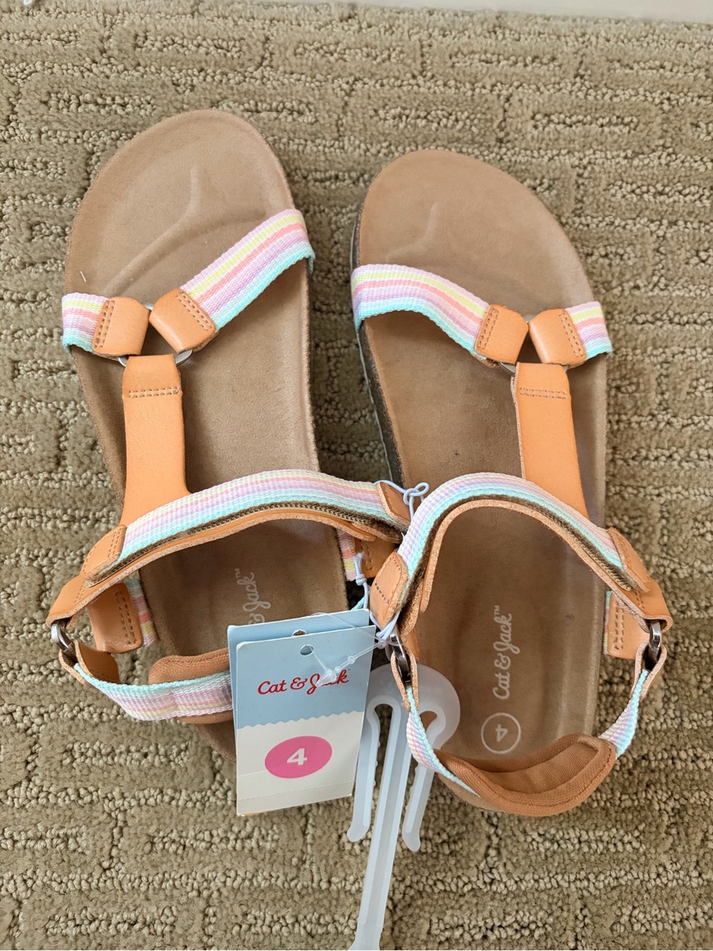 Cat & Jack Peach Leather-Look Sandals with Pastel Stripes